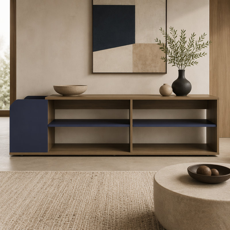 Meuble télé Solene avec tablettes ouvertes pour divers espaces de rangement modernes, console média pour le salon, chêne naturel, bleu