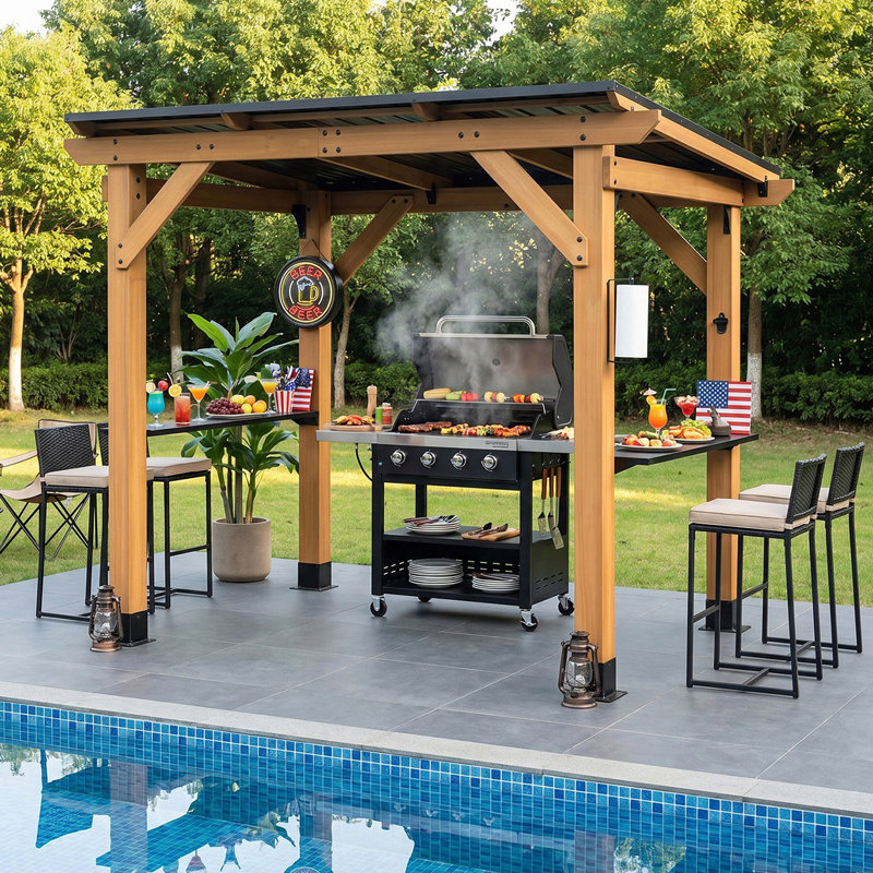 cedar Wood Grill Gazebo with Bar Counter, Patio Hardtop Grill Pergola for BBQ, Cedar Barbeque Shelter with Metal Roof