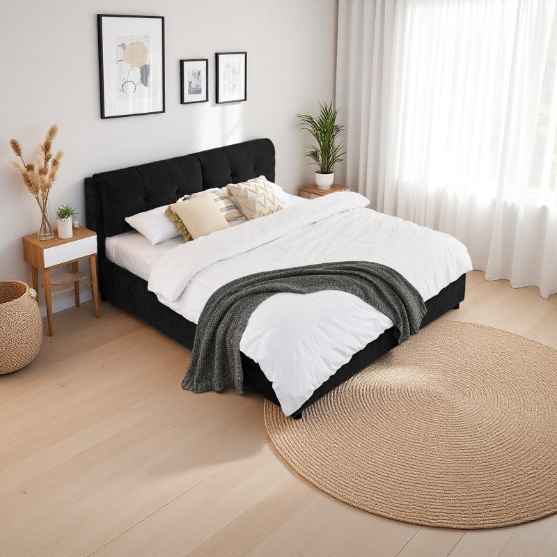 Très grand lit plateforme tapissier hydraulique avec tête de lit intégrée et tissu chenille, Noir