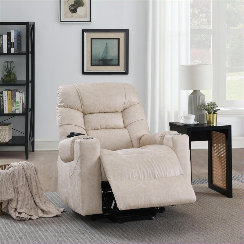 Beige Finish Faux Leather Power Motion Recliner by  for Home Relaxation with Lift, Heating and Massage