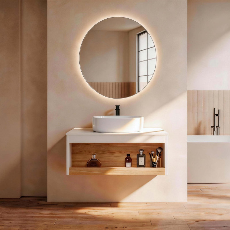 Meuble-lavabo flottant avec lavabo vasque et tablette ouverte, conception moderne peu encombrante, Blanc