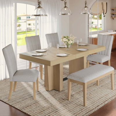 Farmhouse Extendable Wood Dining Table Set for 6, Kitchen Table Set with Bench and 4 Upholstered Chairs,3.8inch Thick Tabletop and Trestle Legs for Ki