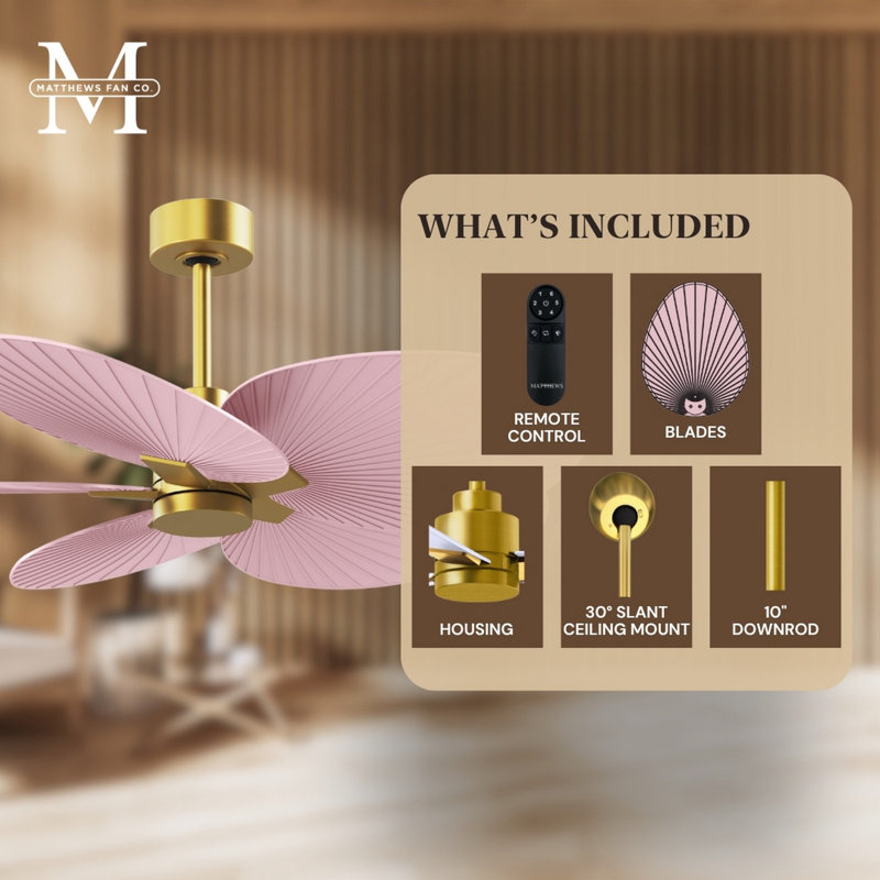 Alessandra Tropical - Five Blade Ceiling Fan - Matte White Finish - Matte White Blades, Brushed Brass, Light Pink