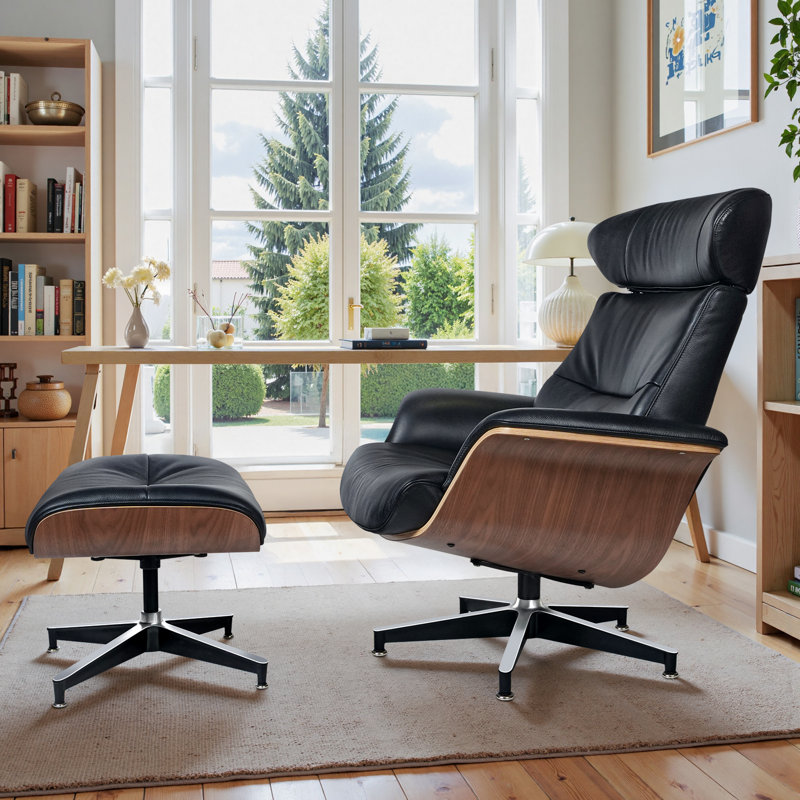 Méridienne Iconic Mid-Century moderne en cuir avec repose-pieds pivotant - Fauteuil inclinable ergonomique pour le salon et le bureau personnel