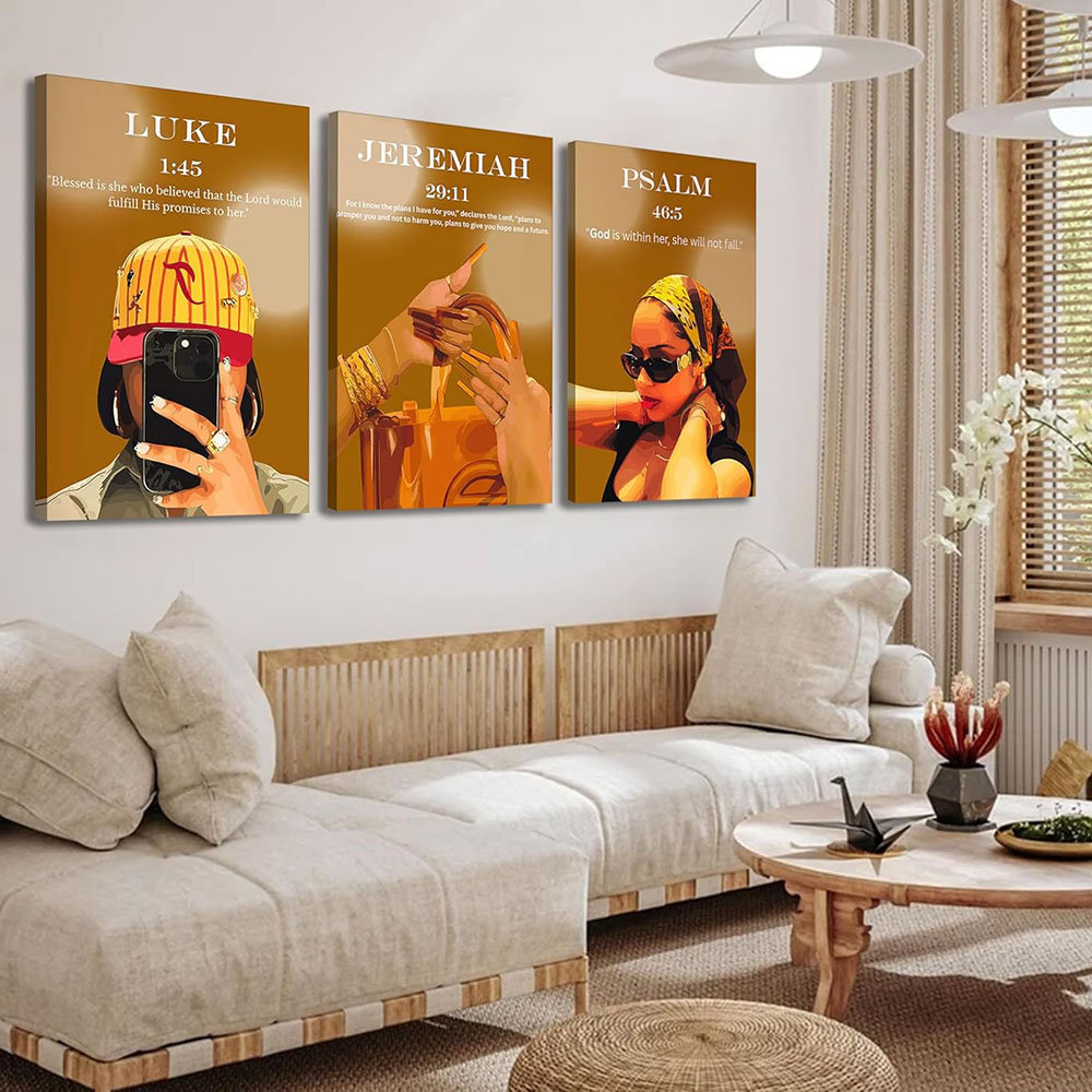 3Pcs Trendy Black Girl Canvas Wall Art Christian Bible Verse Picture Luxury Fashion African American Woman Poster Print Artwork Wall Decor For Bedroom