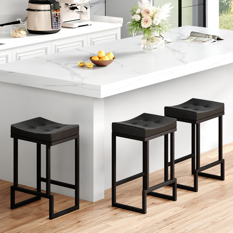 Upholstered Counter Stool with Metal Frame & Footrest, Backless Saddle Seat Counter Height Bar Stools, Black, 3
