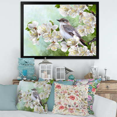 " Gray Bird On A Branch Of A Blossoming Tree " Painting Print