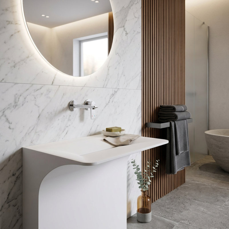 Lavabo sur pied mural 33 po avec drain linéaire dissimulé, lavabo de salle de bain flottant une pièce, blanc mat