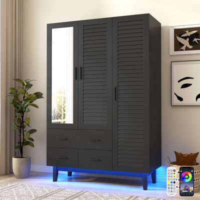 3 Door 71" Armoire Wardrobe With LED Lights, Hanging Rod, Drawers, And Shelves