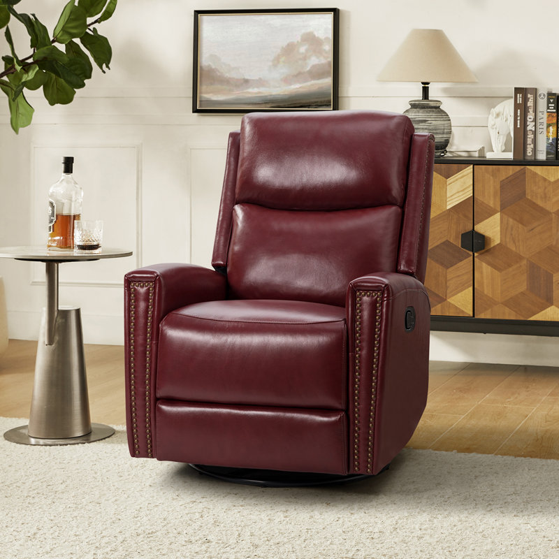 Chikako Genuine Leather Swivel Rocker Manual Recliner, Burgundy Genuine Leather