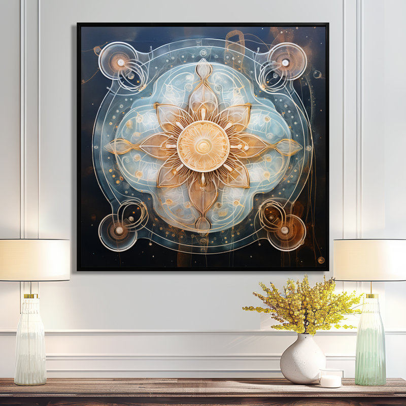 «Mystical Blue Flower - Boho Mandala», reproduction d'art, Toile avec cadre flottant noir, H 16 po x l 16 po x P 1 po