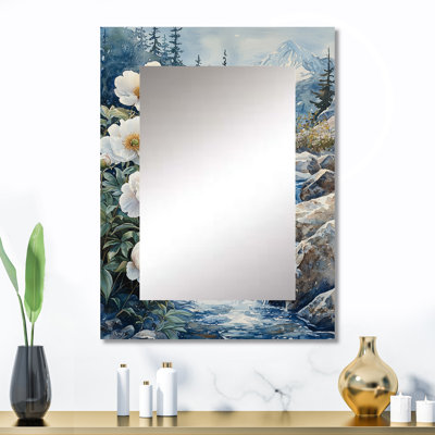 Pivoines blanches et les eaux glaciaires II - miroir mural décoratif pivoines, grand miroir traditionnel, art imprimé en métal