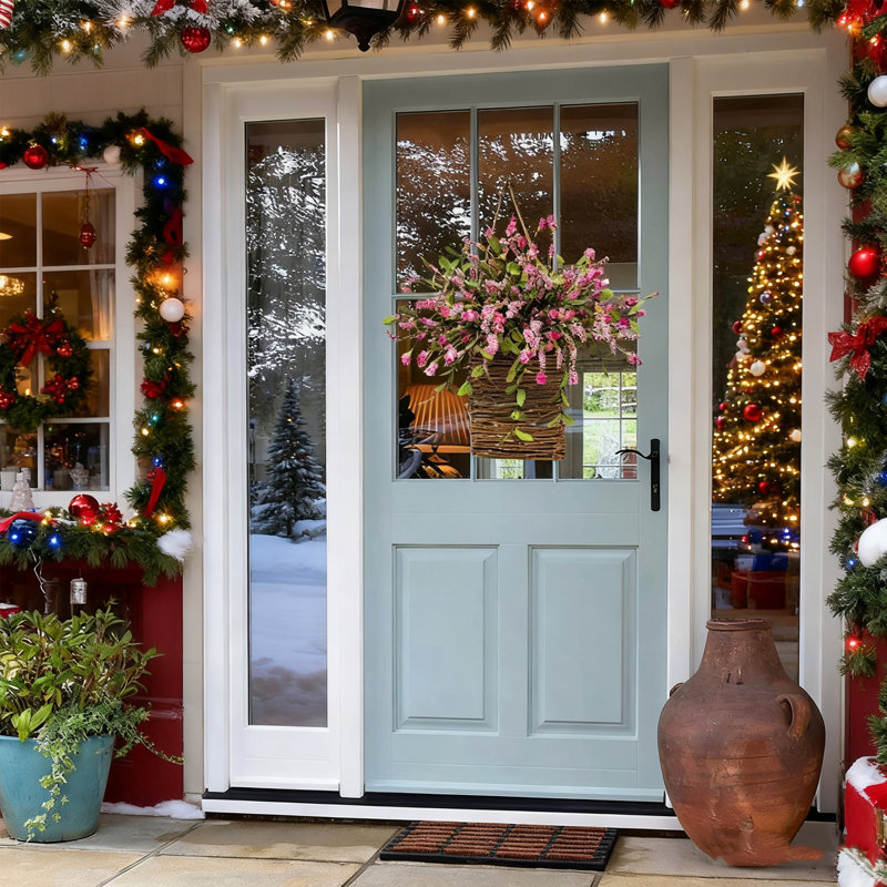 Porte-fleurs de printemps avec couronne de baies roses, panier de porte, décorations de porte d'entrée pour la maison Decoration Décoration de Noël Gifts Cadeaux des Fêtes