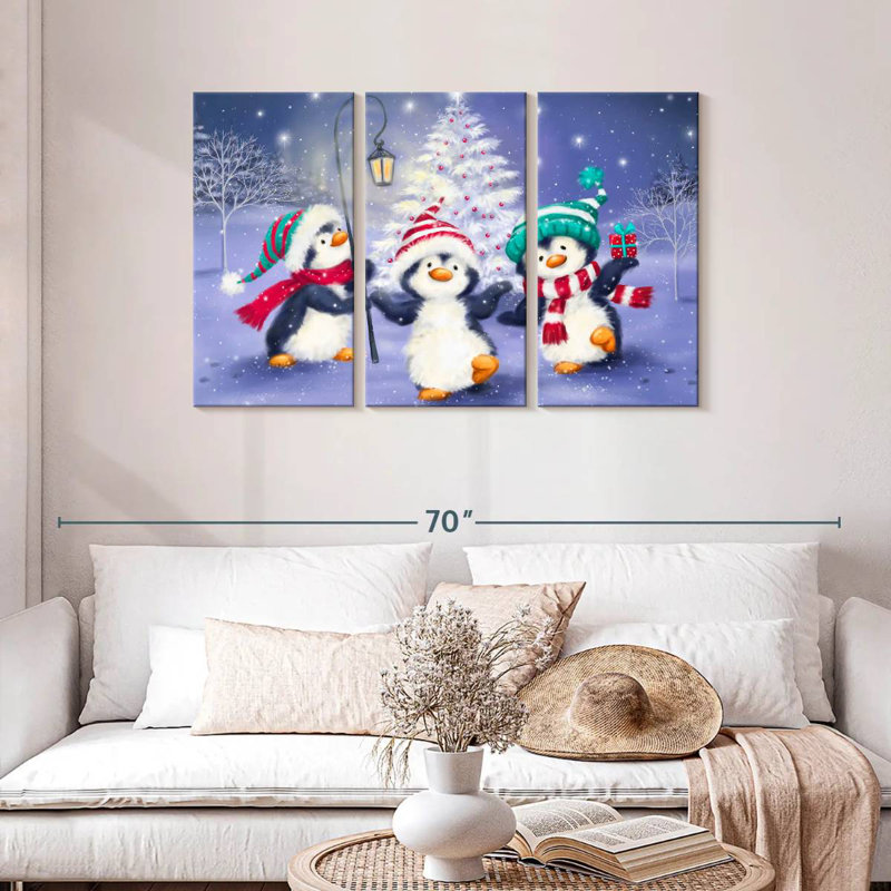 Trois pingouins avec arbre de Noël, H 28 po x l 45 po