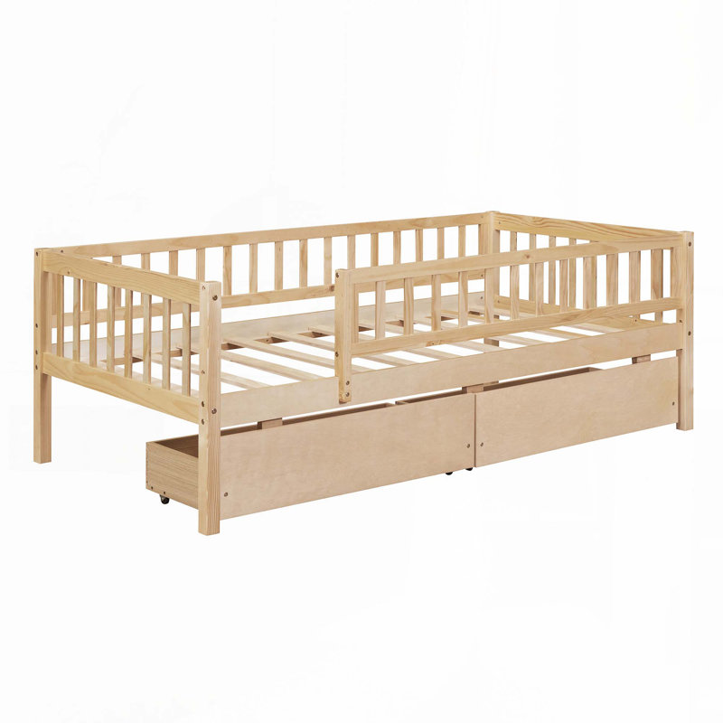 Kallel Daybed with Two Drawers and Guardrails, Twin, Natural