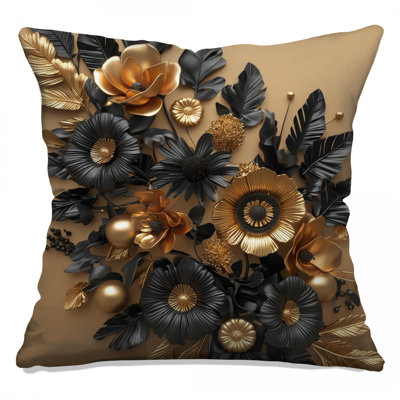 Gold Black Floral Arrangement Double Sided Throw Pillows