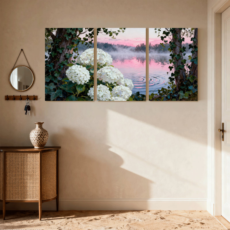 Fleurs d'hortensia, lac, lever de soleil, arbres, reflets, vignes d'eau, ensemble de 3 toiles murales, H 18 po x l 36 po
