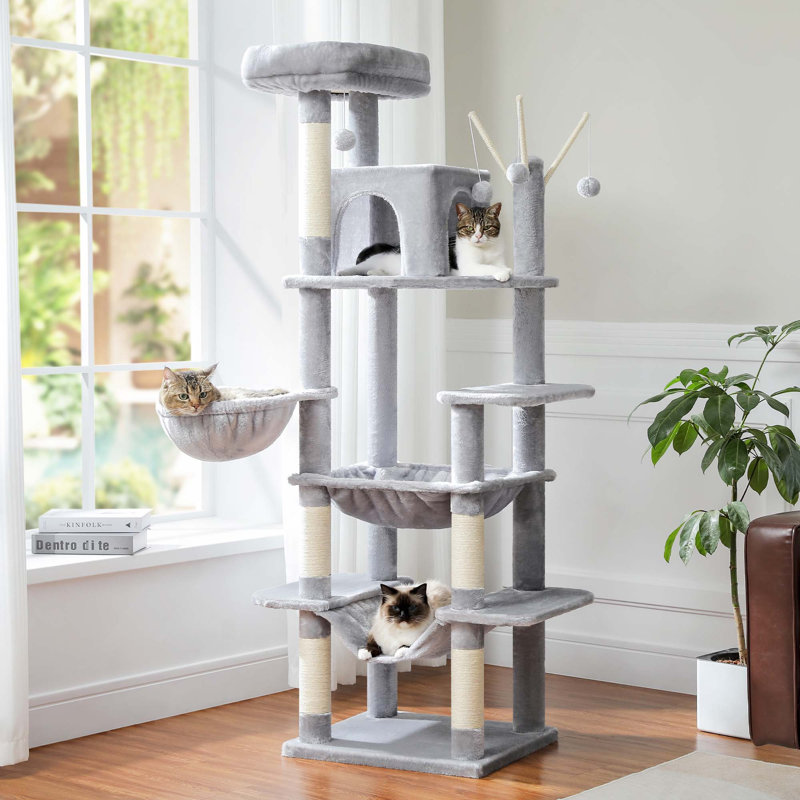 Arbre à chat pour gros chats avec super grand hamac, tour d'escalade, poteaux à griffer, maisonnette et grand perchoir supérieur