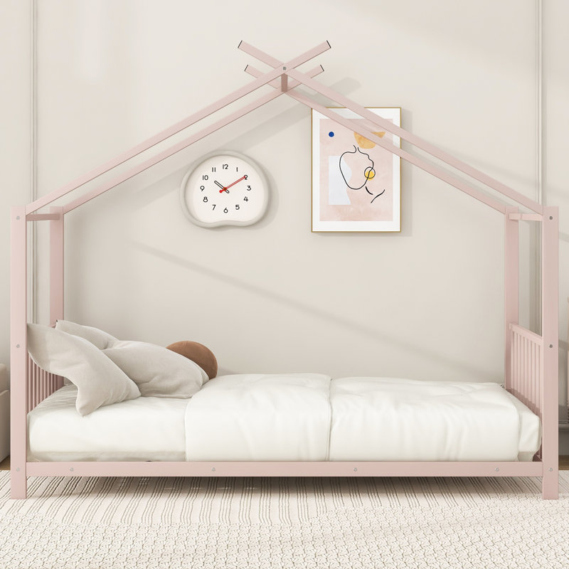 Twin Size Metal House Platform Bed, Pink