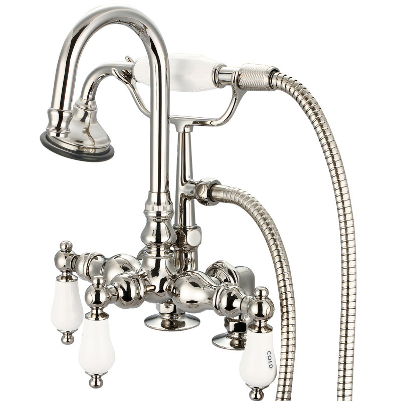3 Handle Deck Clawfoot Tub Faucet, Polished Nickel, Hot and Cold Labeled Porcelain Lever Handles