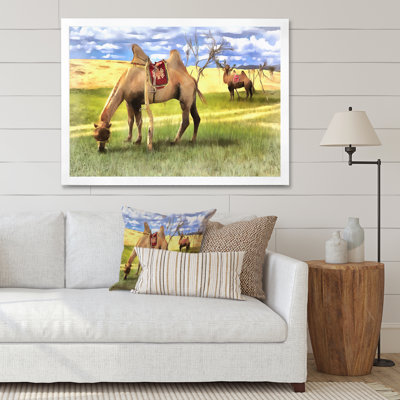 Chameaux broutant dans l'herbe - peinture sur toile