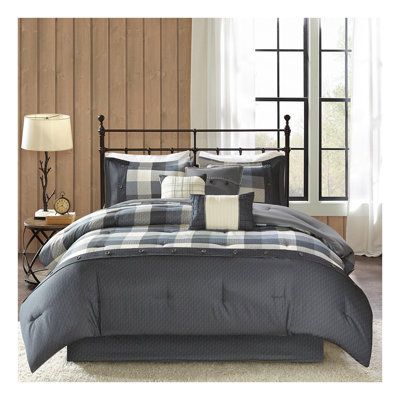 7 Piece Herringbone Comforter Set Queen Size, Grey Farmhouse Style Bedding with Decorative Pillows, Hypoallergenic Polyester Bedding Set