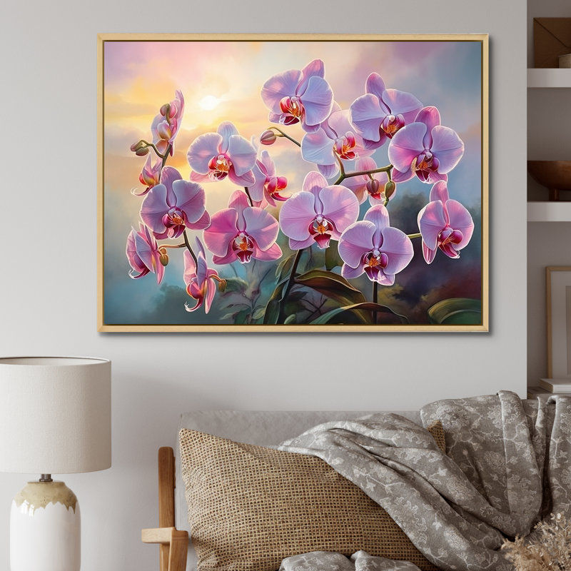 «Pink Orchids Sunset I», reproduction sur toile, Cadre naturel flottant, H 12 po x l 20 po x P 1 po