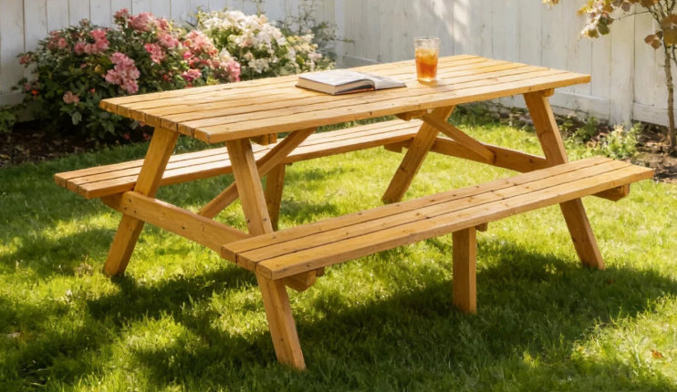 rectangular wooden picnic table with built-in benches in backyard topped with iced tea and book