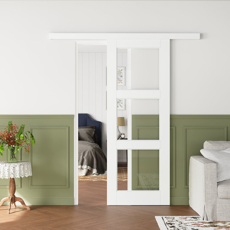 Porte de grange coulissante en verre massif pré-assemblée avec panneau caché et 3 pièces, 28 po x 80 po, Standard