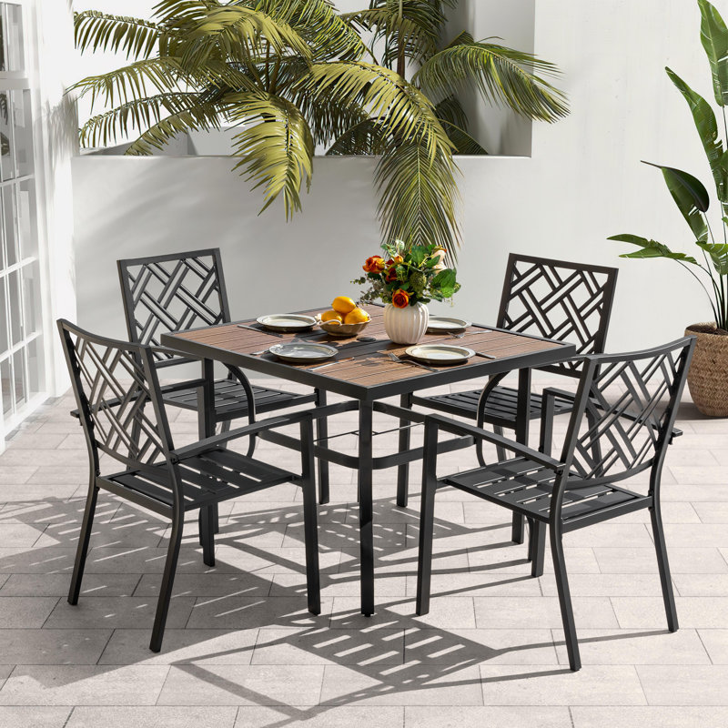 5pcs Patio Dining Set With Umbrella Hole, Faux Wood Top, Stackable Design
