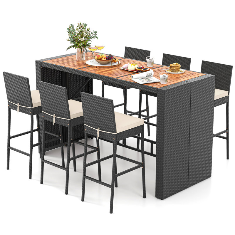 7-piece Patio Bar Dining Set Pe Rattan Furniture Set With Acacia Wood Tabletop & Soft Cushions