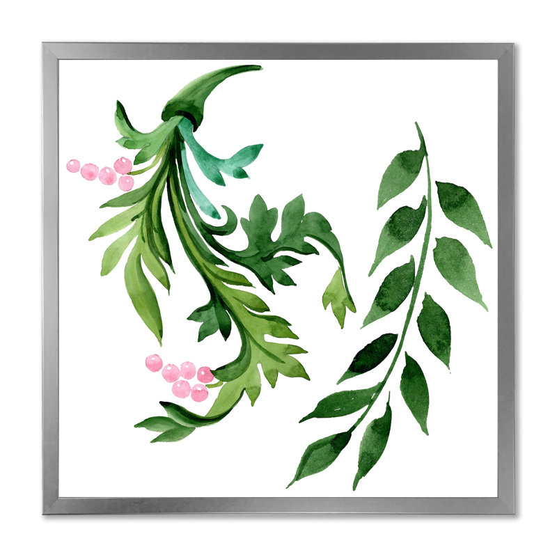 Feuilles vertes d'hiver sur fond blanc - peinture sur toile, H 16 po x l 16 po x P 1 po, Cadre photo argenté
