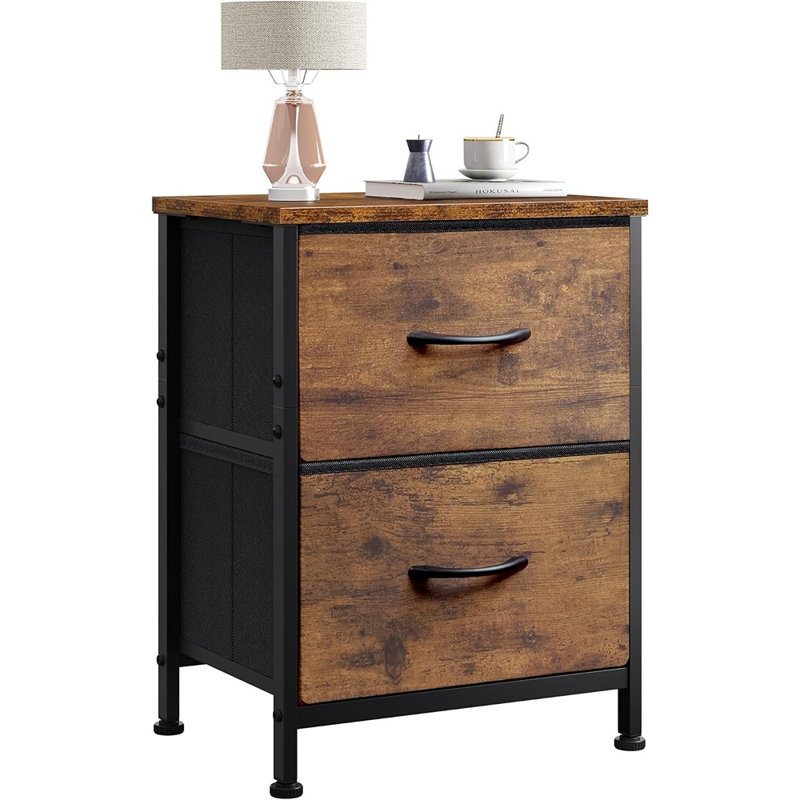Petite table de chevet avec 2 tiroirs en tissu et plateau en bois, table de chevet brun rustique, rangement compact, structure en acier, table de bout pour chambre à coucher, dortoir et entrée