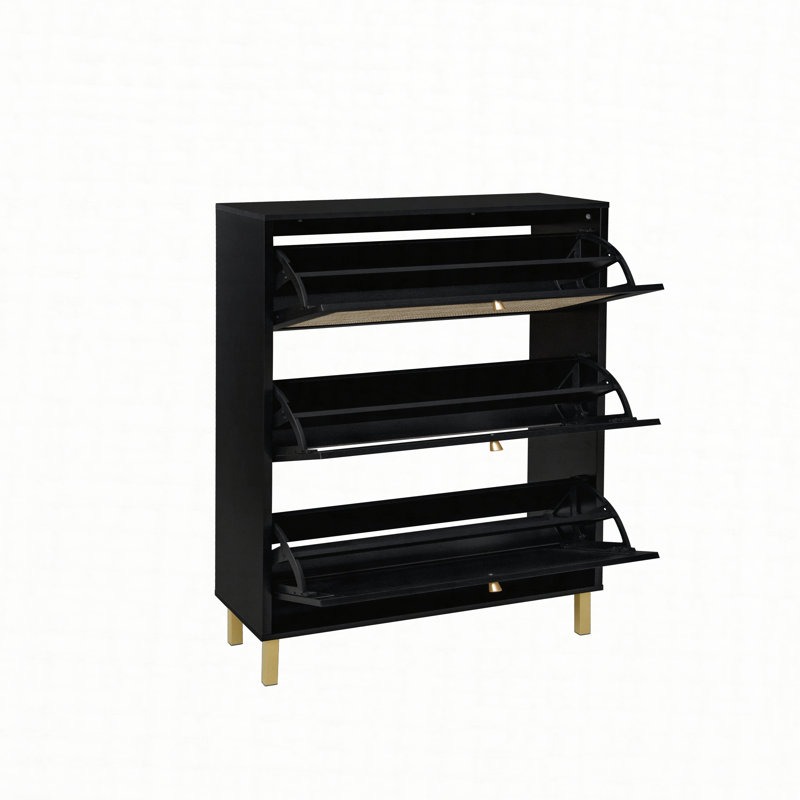 Rattan 3 Door Shoe Rack, Freestanding Modern Shoe Storage Cabinet, for Entryway, Black