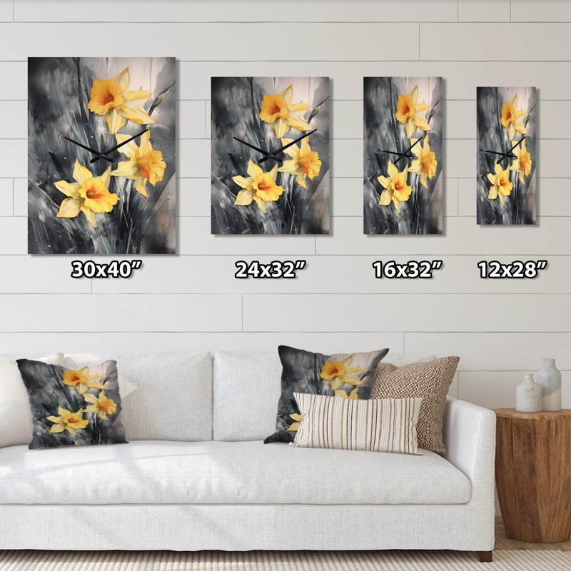 Horloge murale moderne jaune jaune et gris avec jonquilles Natures Impression II, Grand