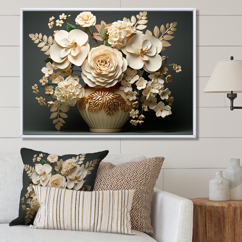 Hortensia baroque blanc et or VI sur toile, H 30 po x l 40 po x P 1,5 po, Cadre naturel flottant