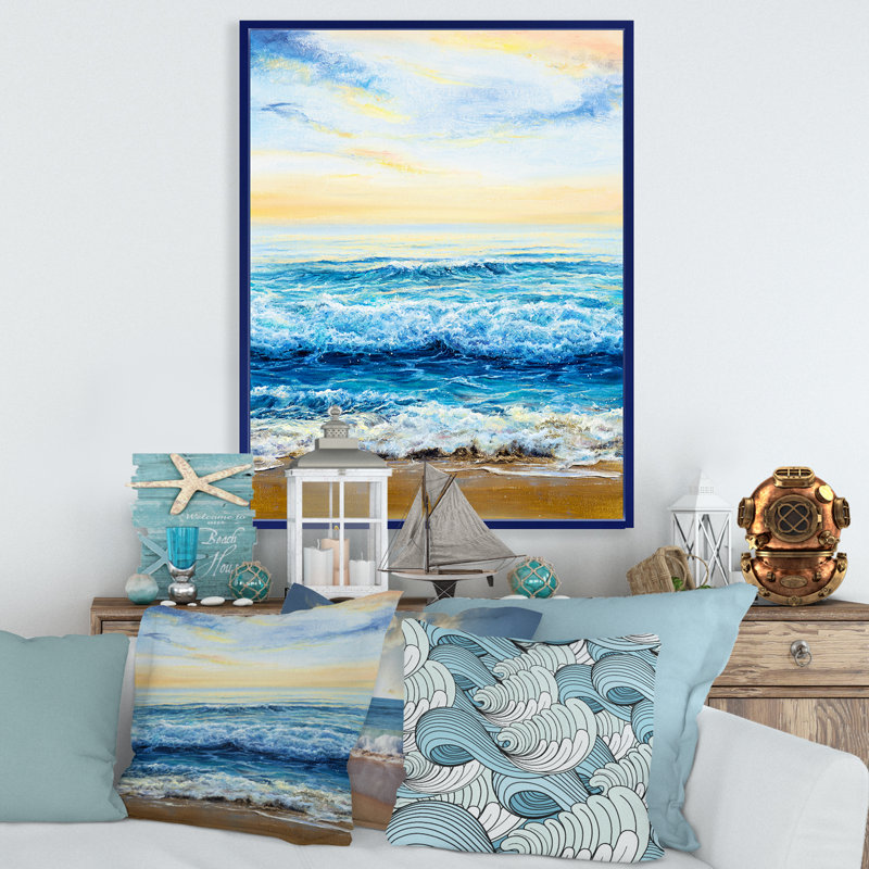 Vagues océaniques à l'aube - Peinture sur toile, Cadre flottant bleu, H 40 po x l 30 po x 1,5 po