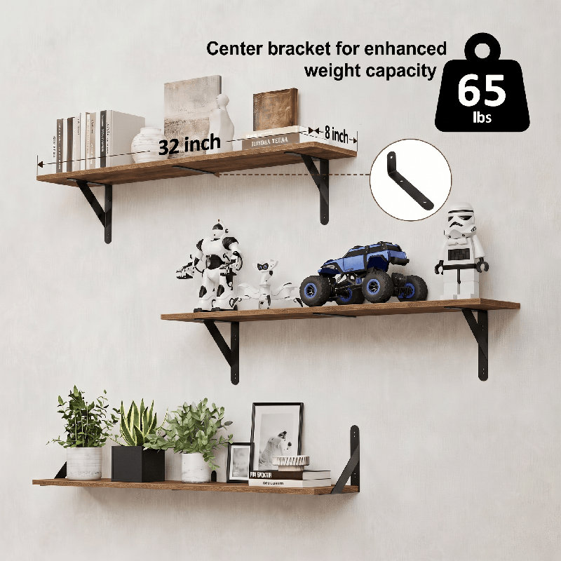 Floating Shelves for Wall 32″W x 8″D, Long Wall Mounted Shelves Set of 3, Wood Book Shelves Decor, Farmhouse Display Shelf for Bedroom, Living Room, Laundry Room, Kitchen, Bathroom, Brown
