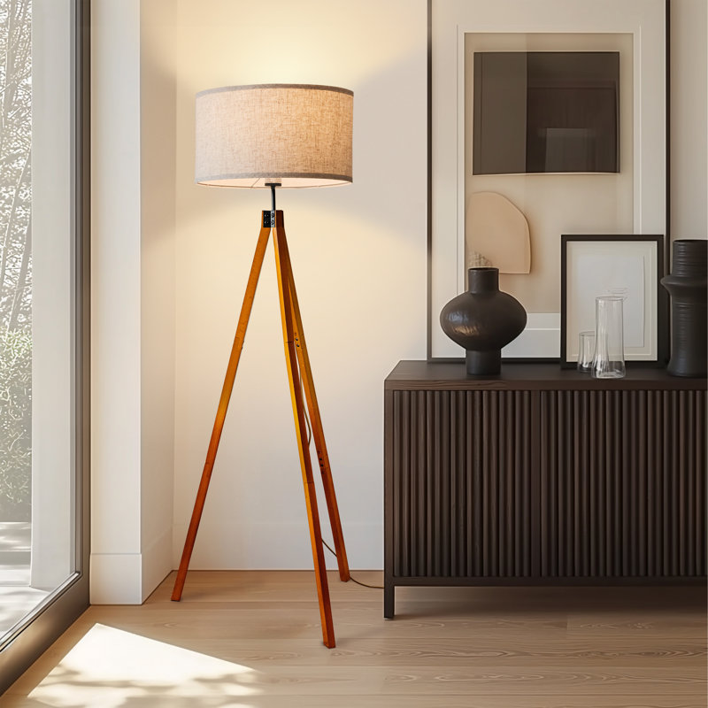 Brightech Eden 58 in. Mid Century Modern Wooden Tripod Floor Lamp with ...