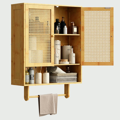 Bamboo Wall-Mounted Cabinet With 2 Doors, Adjustable Shelf And Towel Bar - Space-Saving Bathroom, Kitchen Storage