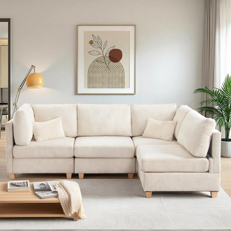 126" Corduroy Sectional Corner Sofa 4 Piece Modular Deep Seat Couch With Pillows, 1200 lbs Capacity, Pet-Friendly, Flexible Layout