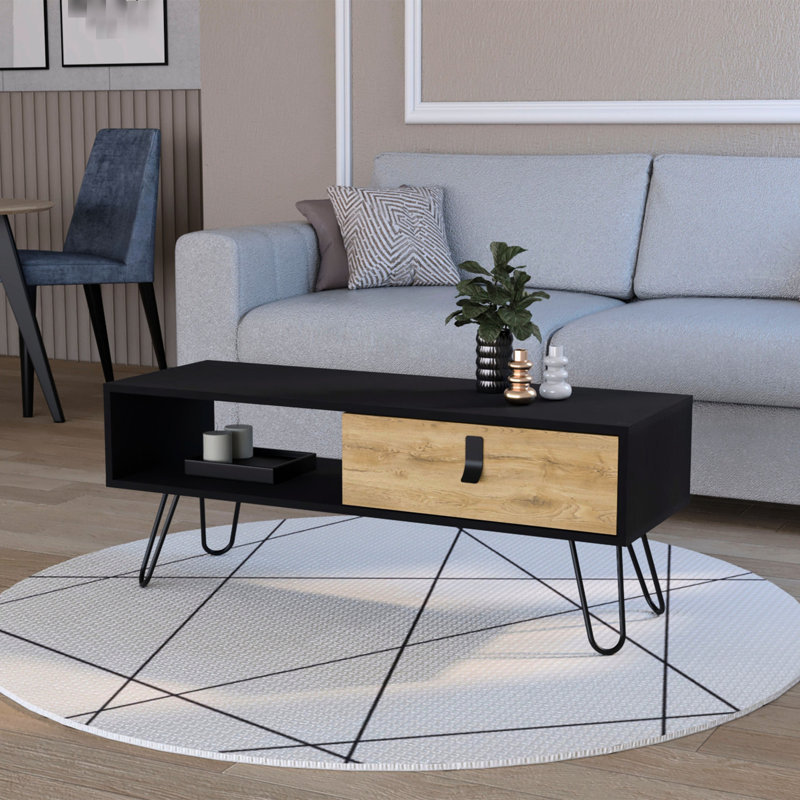 Modern Coffee Table With Black And - Hairpin Legs Functional Space Rectangular Practical Storage