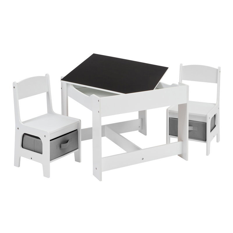 White Table and Two Chairs Set with Grey Storage Boxes