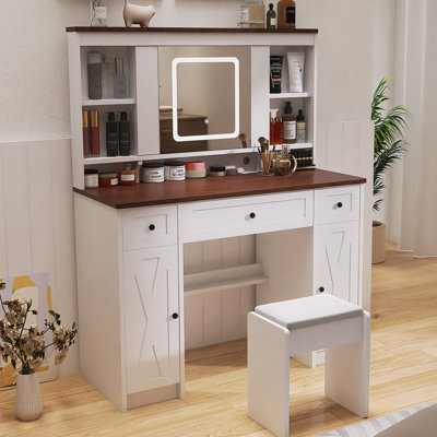Farmhouse Vanity Desk With Sliding Mirror,Lights And Charging Station,Makeup Table Desk With Dimmable Led Light,Vanity Makeup Table With Sponge Soft Stool,White+Brown Finish