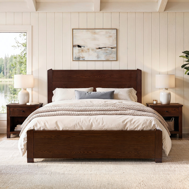 Fernando Solid Wood Panel Bed Frame with Headboard, No Box Spring Needed, Queen, Dark Walnut