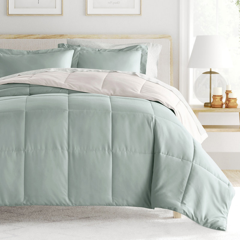 7-Piece Reversible Bedding Bundle - Solid Comforter and Patterned Sheet Set, California King Comforter + 1 Additional Piece