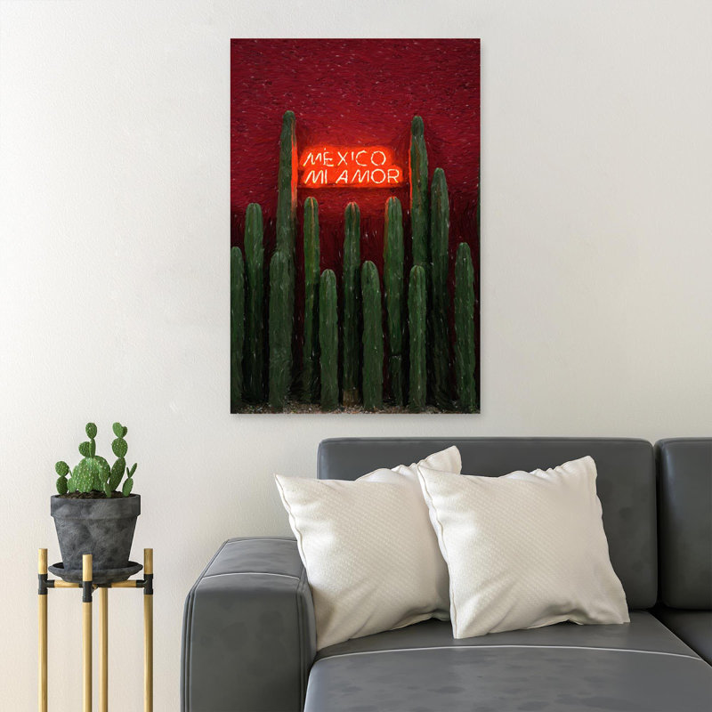«Mexico Mi Amor And Cactus Plants», reproduction d'art graphique rectangulaire sur toile tendue 1 pièce, H 14 po x l 11 po