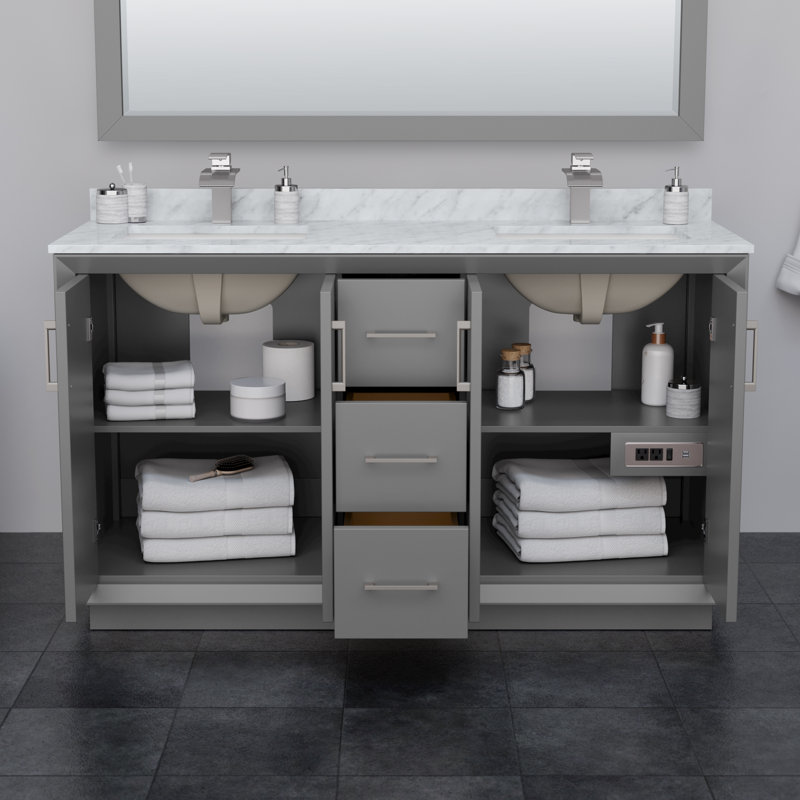 Strada 60'' W Double Vanity, Dark Gray, Giotto Quartz, Satin Bronze