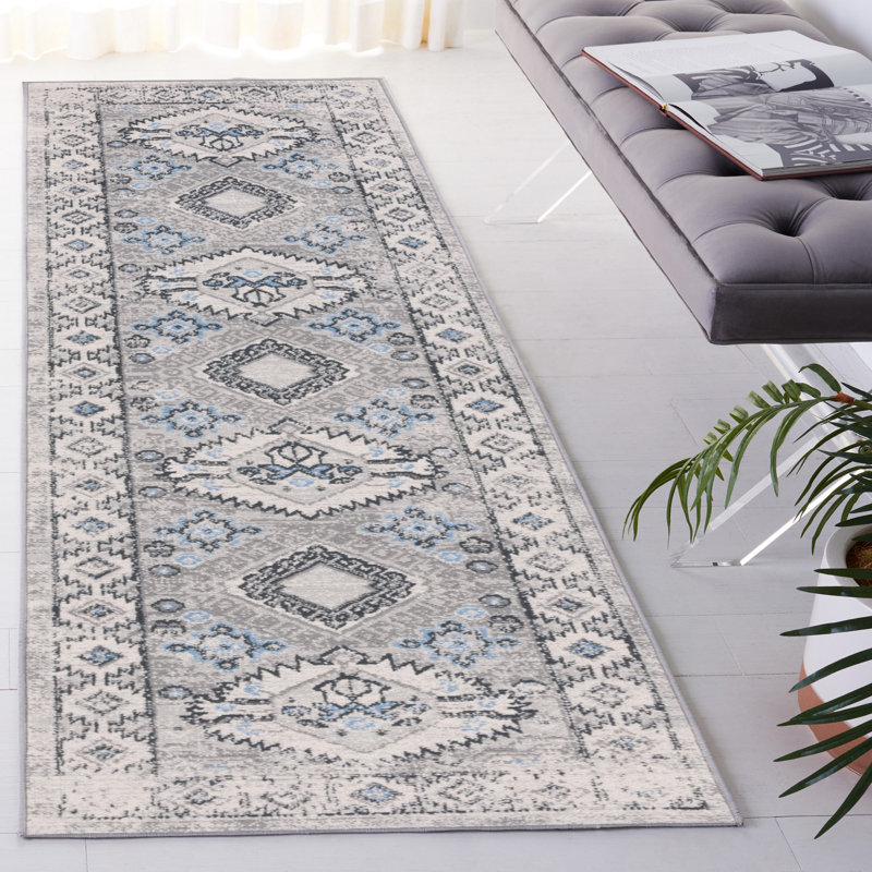 Tapis oriental en polyester tissé à la machine en gris, Tapis de couloir 2 pi 2 po x 8 pi