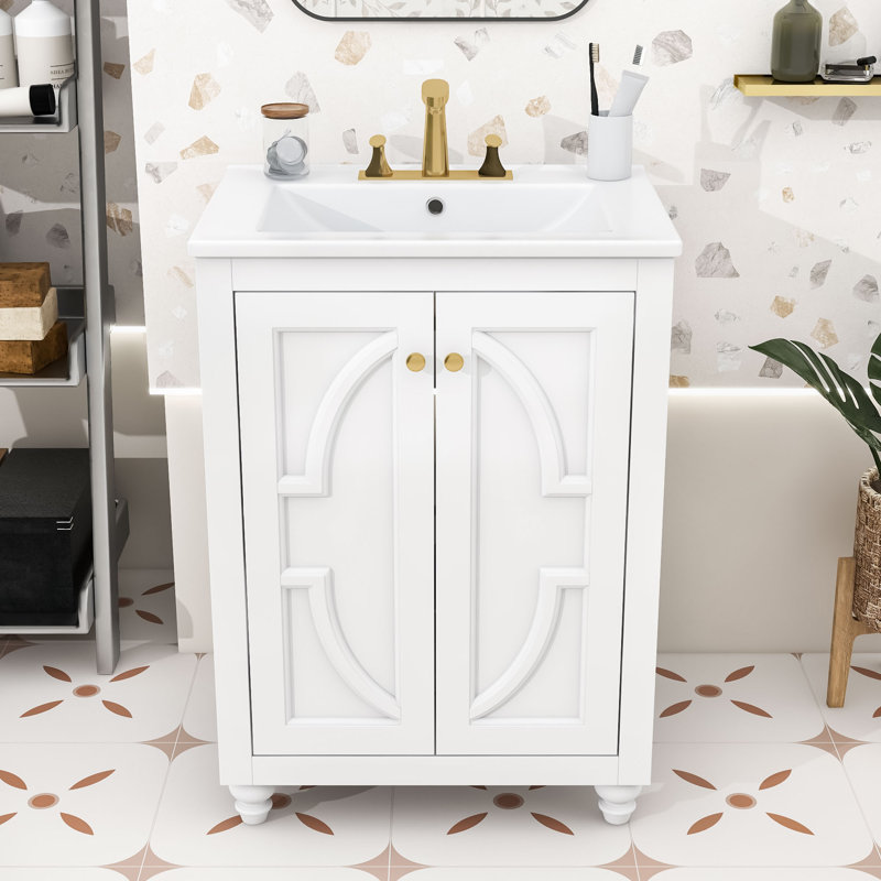 Meuble-lavabo en bois avec tablette réglable et portes, White